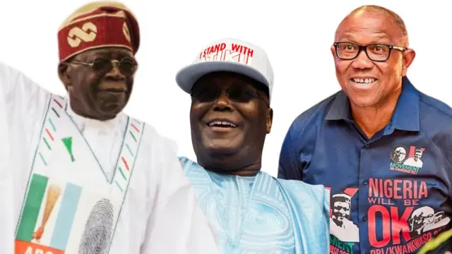 Collage of images of Bola Tinubu, Atiku Abubakar, and Peter Obi