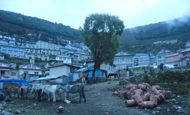 सगरमाथा क्षेत्रमा पुर्‍याइएका ग्यासका सिलिन्डरहरू