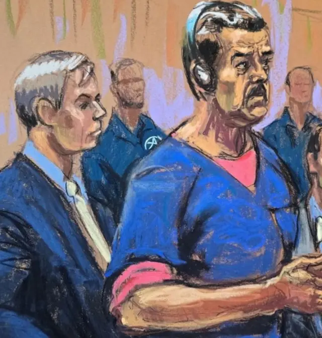 نقاشی از دادگاه مادور که در کنار او بری پولاک ایستاده است