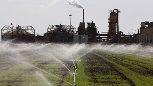 Un sistema de aspersores rocía los cultivos con agua proveniente de un canal de riego ubicado en una zona agrícola que tradicionalmente utiliza agua del río Colorado,