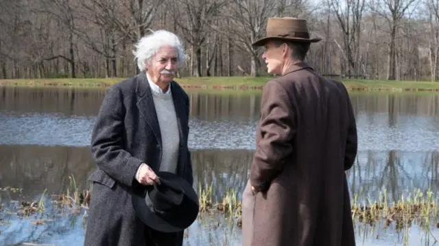 Tom Conti as Albert Einstein and Cillian Murphy as Robert Oppenheimer in Christopher Nolan's film