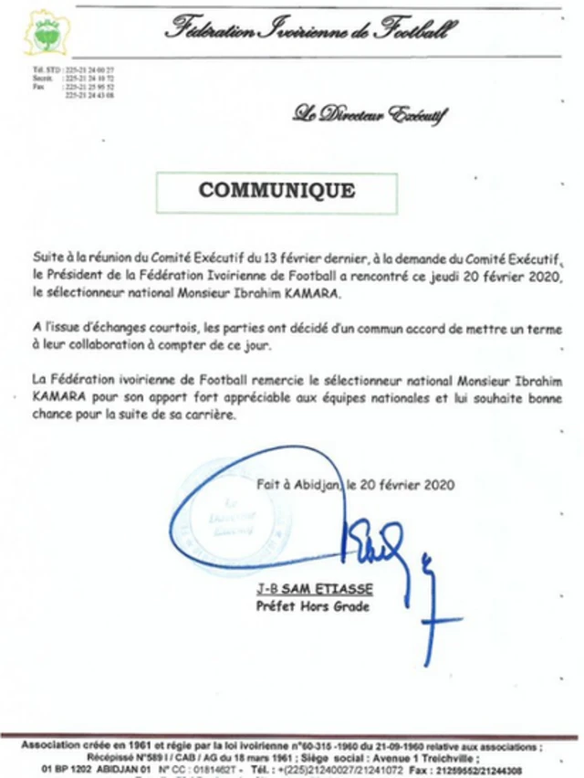 Communiqué de presse de la Côte d'Ivoire annonçant la fin du mandat d'Ibrahim Kamara