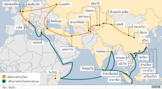 เส้นทางสายไหมทางบก คือถนนและทางรถไฟจากจีนมุ่งหน้าไปทางทิศตะวันตก เส้นทางสายไหมทางทะเลคือเส้นทางเดินเรือจากจีนมุ่งลงใต้เข้าสู่ทิศตะวันตก