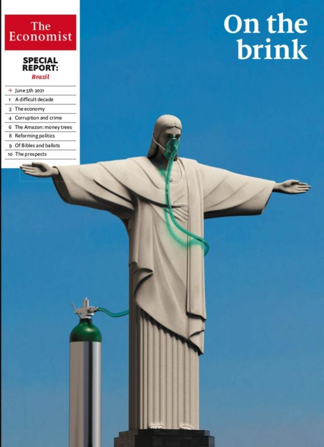 Capa da revista 'The Economist' mostra Cristo Redentor com máscara de oxigênio e a manchete "Na beira"