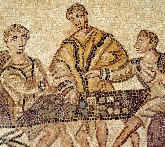 Joueurs de dés, panneau de mosaïque de Thysdrus, El Djem, Tunisie. Civilisation romaine, IIe siècle apr.