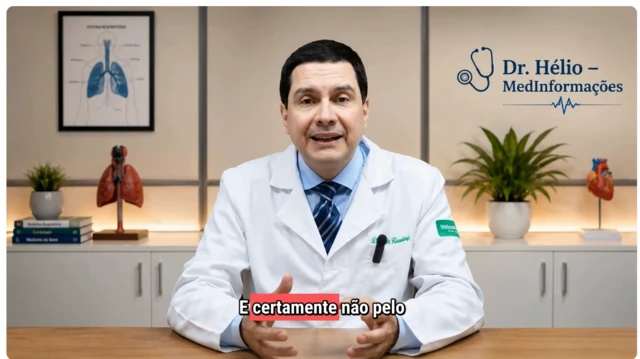 An AI-generated version of Hélio Brasileiro shows him sat a desk wearing a white lab coat, blue shirt and a blue striped tie.