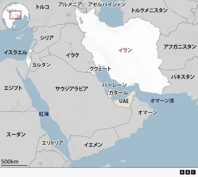 イランと近隣国の地図。東はアフガニスタン、西はエジプト、北はトルコ、南はイエメンまでの国々の位置が示されている