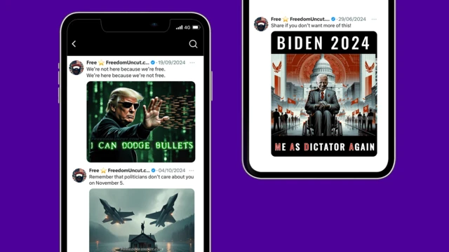 Dois celulares exibindo postagens do Freedom Uncut no X. Uma com Donald Trump como Neo do filme Matrix com o slogan 'Eu posso desviarpagbet telegrambalas', na partepagbet telegrambaixo uma pessoa no telhadopagbet telegramuma casa inundada e caças sobrevoando. Na tela do outro, o presidente Bidenpagbet telegramcadeirapagbet telegramrodas com o Capitólio dos EUA ao fundo com dizeres "Eu, novamente como ditador"