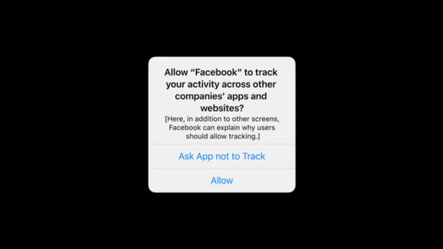 A screenshot showing an iOS message asking users to verify that they permit Facebook to track their data when using apps owned by the firm
