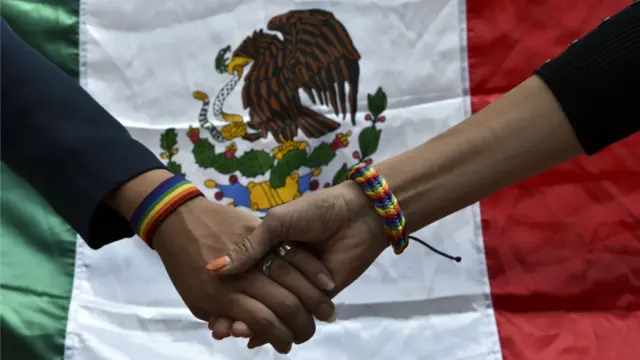 Mãos entrelaçadas com a bandeira mexicana