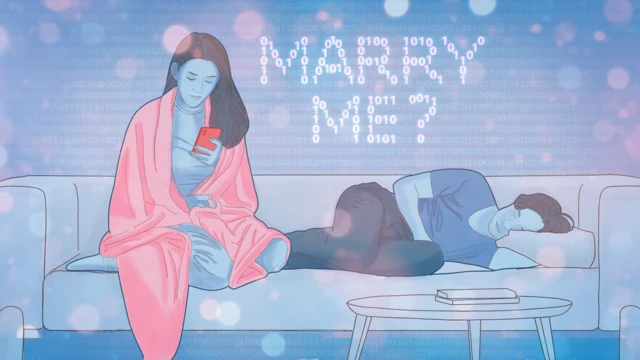 Illustration: a woman looking at her AI partner's proposing message on the phone, while her husband is napping by her side