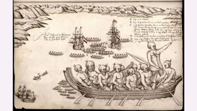 Ilustração das embarcações de Abel Tasman deixando a Nova Zelândia