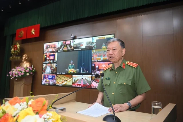 Bộ trưởng Tô Lâm trong một cuộc họp Hội nghị Giao ban tháng 4/2024 của Bộ Công an Việt Nam
