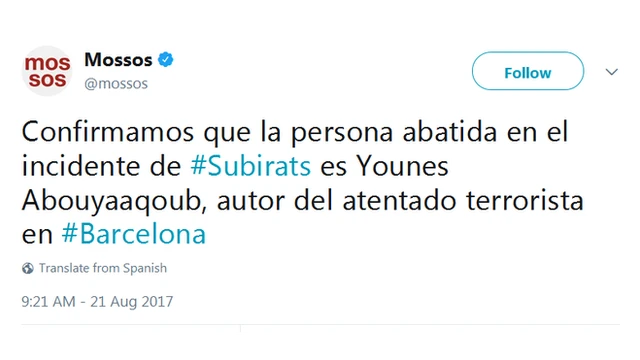 Tuit de la policía catalana confirmando la muerte de Younes Abouyaaqoub