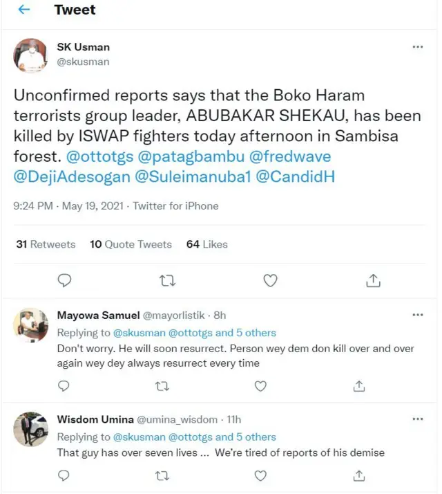 Ọrọ to wa lori ayelujara nipa iku Shekau
