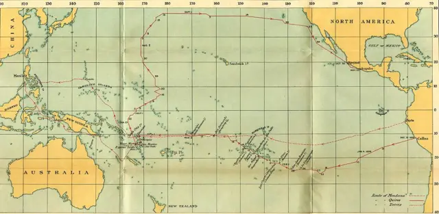 Mapa con las rutas de Mendaña y Quirós en 1595-1596, Queirós en 1605-1606 y Torres en 1606. Del "Los viajes de Pedro Fernández de Quirós de Queirós" de Clements Markham.