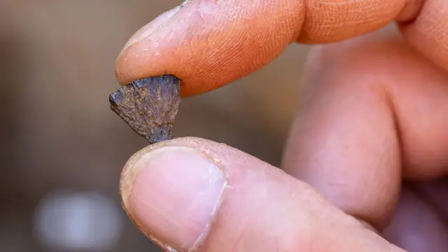 Mão segura um pedaço de pirita encontrado no sítio arqueológico