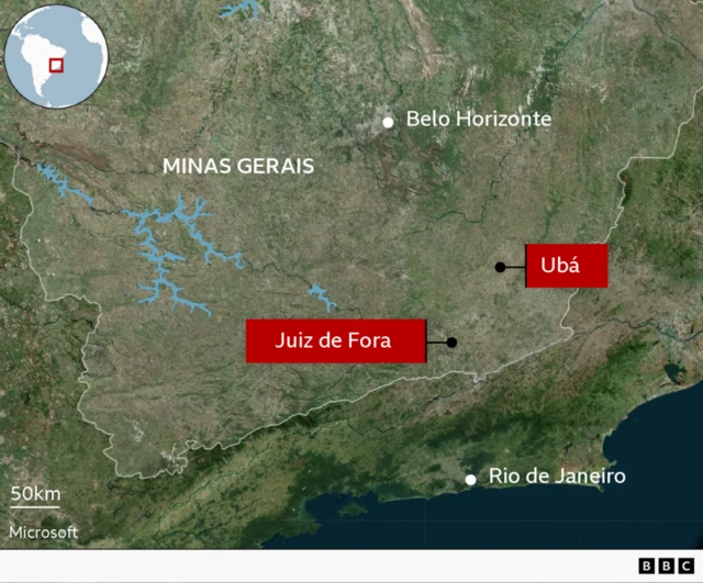 Mapa mostra localização de Juiz de Fora e Ubá no estadod e Minas Gerais