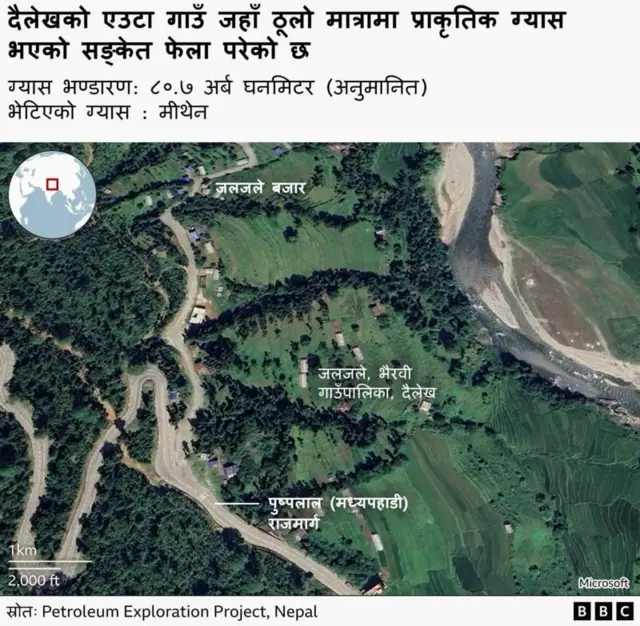 जलजले बजारको नक्सा। दैलेखको यो स्थानमा चिनियाँ प्राविधिकहरूले ड्रिलिङ गरी पेट्रोल रहेको पत्ता लगाएका थिए