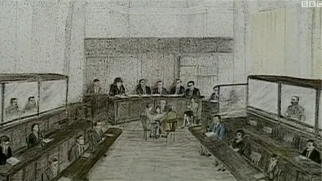 طرحی از دادگاه میکونوس در آلمان، اکتبر ۱۹۹۳ تا آوریل ۱۹۹۷