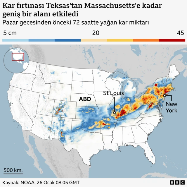 ABD'nin güneyindeki Teksas'tan kuzeybatısındaki New York'a kadar geniş bir alana yağan kar miktarını gösteren bir harita. Yarın en çok kuzeybatı ve orta batıya yağdığı gözüküyor