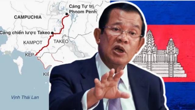 Hình ông Hun Sen và bản đồ phác họa dự án kênh đào Phù Nam Techo