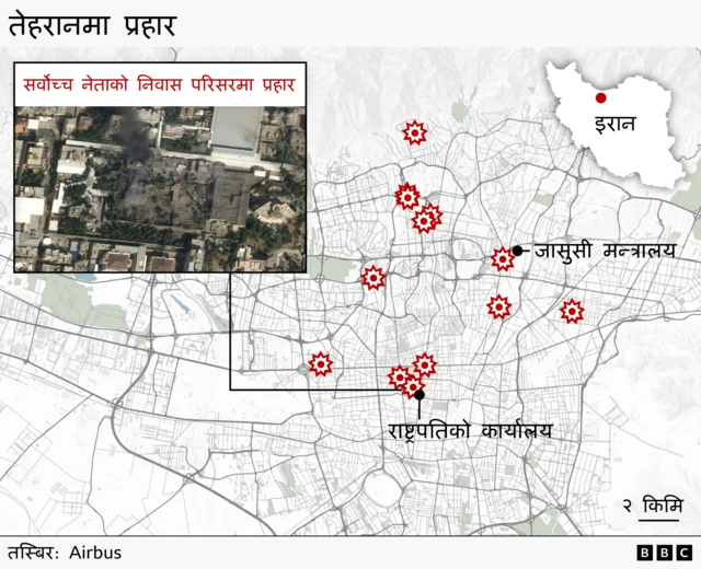 तेहरानका महत्त्वपूर्ण स्थानहरू देखाउने नक्सा
