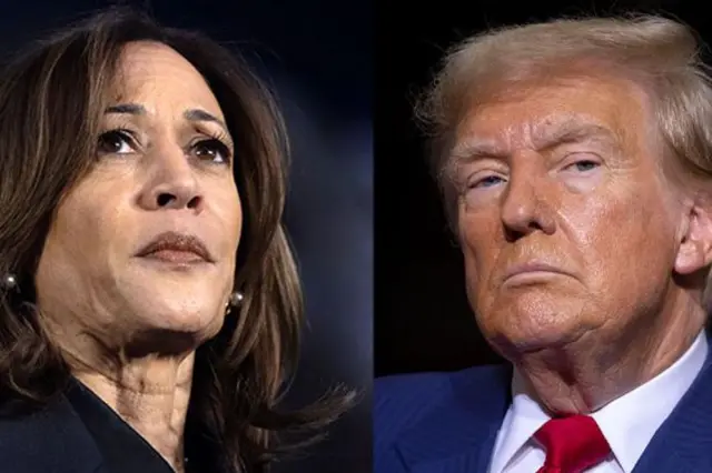 نامزد دموکرات ریاست جمهوری، معاون رئیس جمهور ایالات متحده کامالا هریس (چپ) و نامزد جمهوری خواه ریاست جمهوری، رئیس جمهور سابق ایالات متحده، دونالد ترامپ (راست).