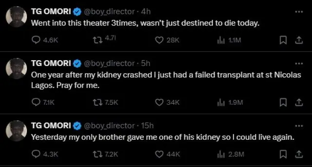 TG Omori reveal say di kidney transplant im do fail for one post on im X account