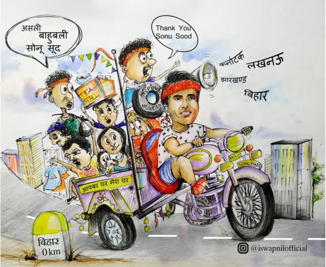 A cartoon praising Sonu Sood