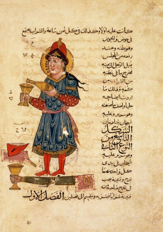 آلة صب الخمر كما رسمها عالم الهندسة العربية إسماعيل الجزري في كتابه 