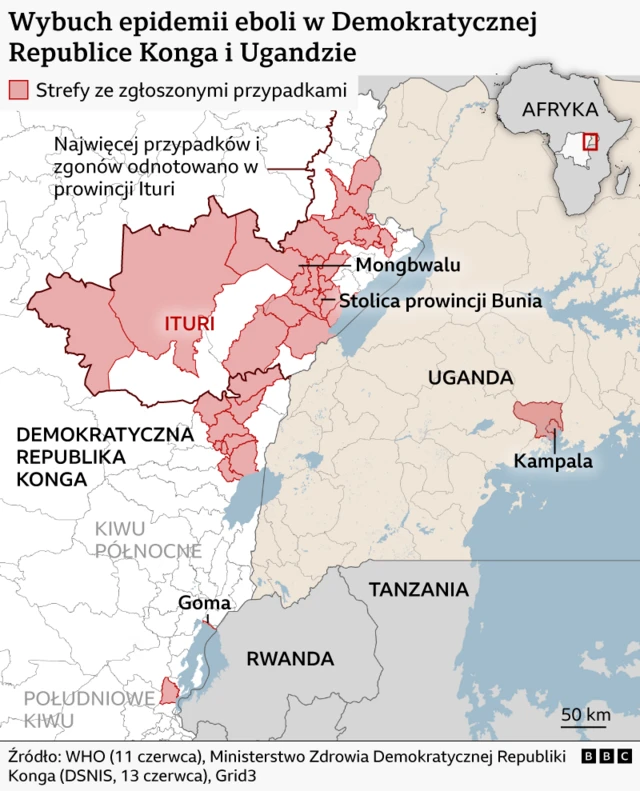 Mapa Demokratycznej Republiki Konga pokazująca obszary, w których odnotowano przypadki wirusa Ebola, a także Ugandę, gdzie odnotowano kilka przypadków