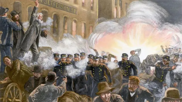 ১৮৮৬ সালের চৌঠা মে হে মার্কেট আন্দোলনে বোমা বিস্ফোরণের চিত্রিত দৃশ্য