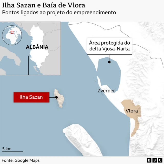 O mapa mostra a localização da ilha de Sazan, Zvernec e Vlora.