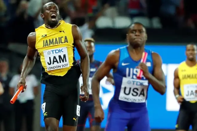 Usain Bolt en el momento que se produce su lesión