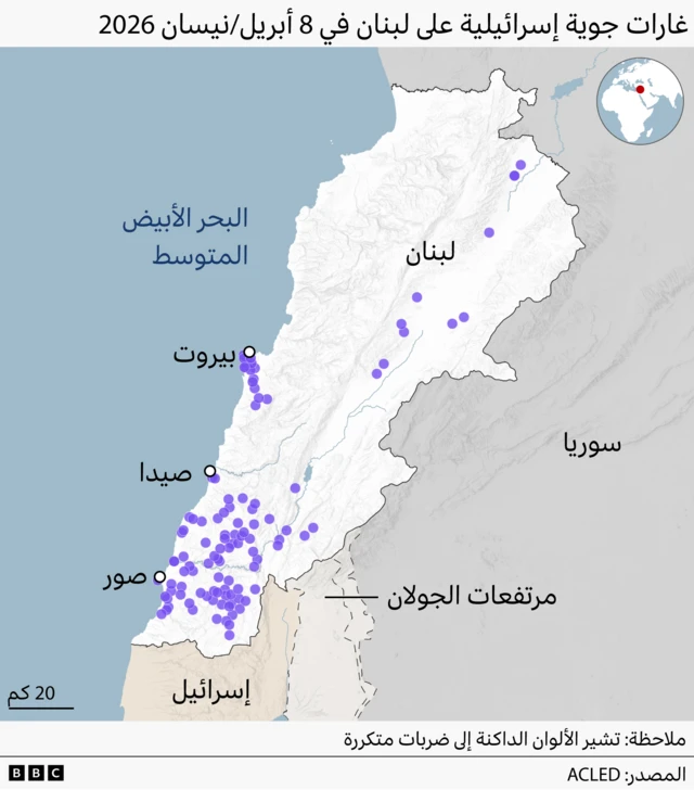 خريطة توضح الغارات الجوية الإسرائيلية على لبنان في 21 أبريل/نيسان 2026
