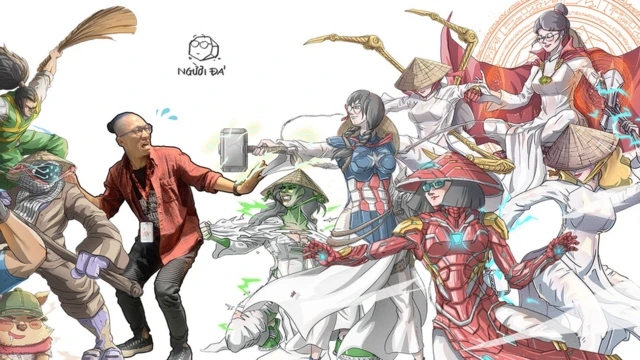 Phạm Minh Hoàng (còn gọi là Người Đá) vẽ những siêu anh hùng Marvel mặc áo dài Việt Nam