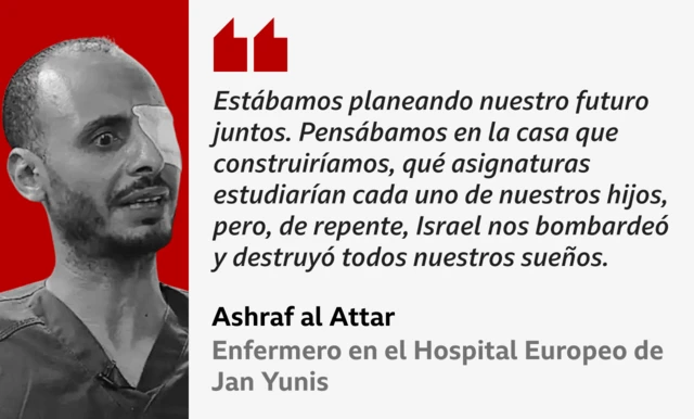 Imagen de Ashraf al Attar con la cita: "Estábamos planeando nuestro futuro juntos. Pensábamos en la casa que construiríamos, qué asignaturas estudiarían cada uno de nuestros hijos, pero, de repente, Israel nos bombardeó y destruyó todos nuestros sueños".