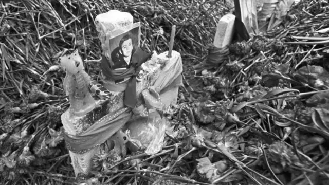 На ковре из гвоздик фотография школьника, рядом с ней игрушка и свеча