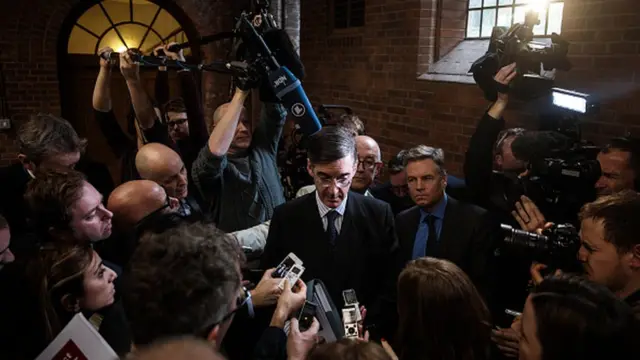 Conservative MP Jacob Rees-Mogg takes questions from journalists at a European Research Group (ERG) press conference at the Emmanuel Centre on November 20, 2018 in London, England. The ERG today published a paper which outlines, what they say, are the benefits of leaving the customs union after Brexit