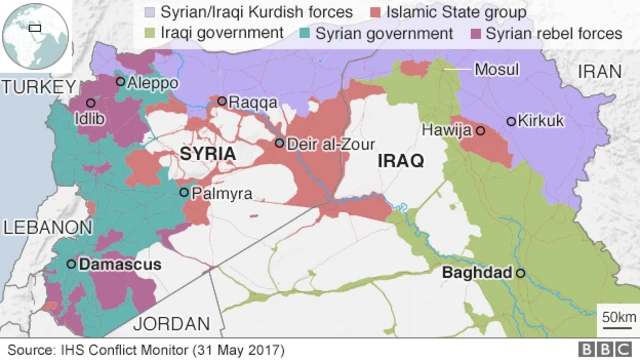 Map showing areas of control in Iraq and Syria