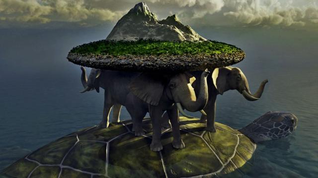 Cuatro elefantes cargan el disco del mundo y navegan sobre una tortuga.