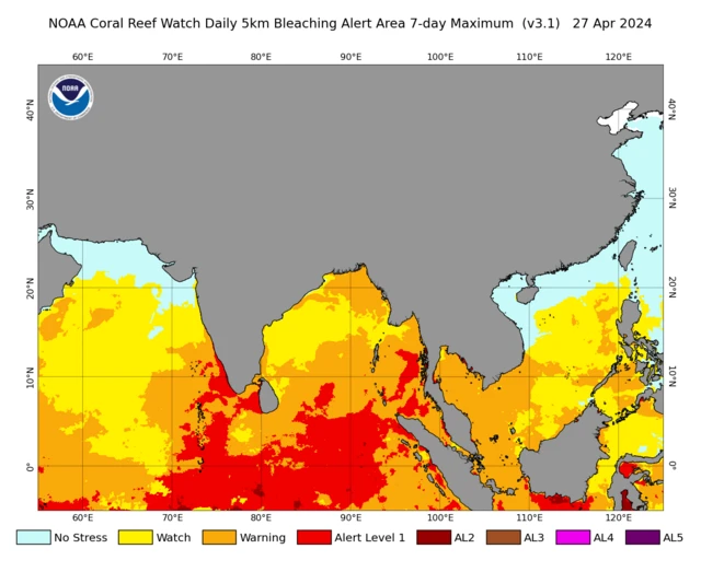 भारतात प्रवाळांना असलेल्या धोक्याची पातळी दर्शवणारा नोआचा नकाशा. 