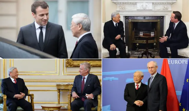 Ông Nguyễn Phú Trọng với Tổng thống Pháp Emmanuel Macron tại Paris (2018), với Thủ tướng Anh David Cameron tại London (2013), với Thái tử Philippe của Bỉ tại Brussels (2013), với Chủ tịch Hội đồng châu Âu Herman Van Rompuy tại Brussels (2013).
