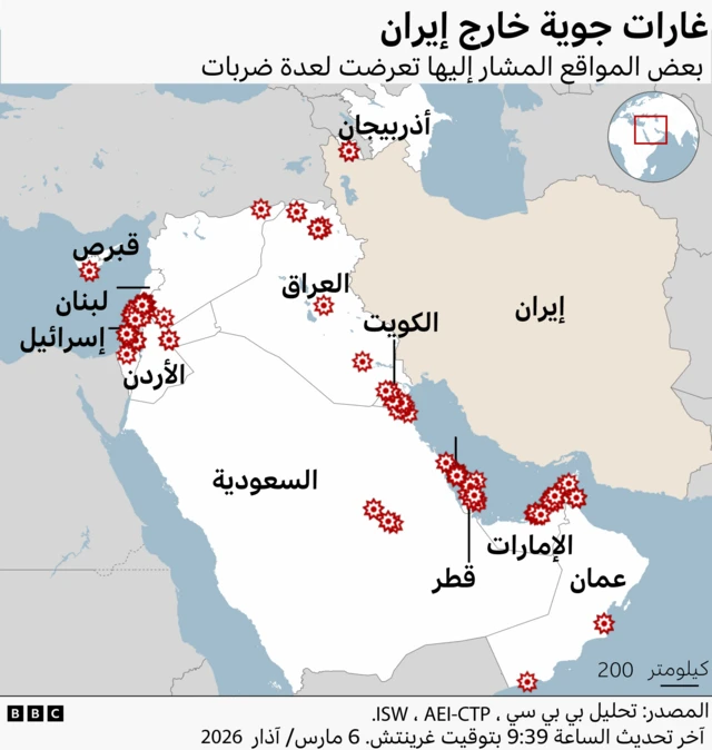 خريطة للشرق الأوسط تتضمن أسماء الدول التي أبلغت عن تلقيها ضربات من إيران: إسرائيل والكويت وقطر والبحرين والإمارات والأردن وقبرص ولبنان والسعودية وأذربيجان 