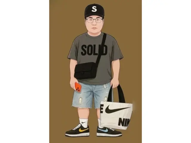 AI가 생성한 영포티의 이미지에는 스트리트 브랜드 모자와 티셔츠, 데님 반바지, 조던 스니커즈, 그리고 밝은색 최신 아이폰이 등장한다.