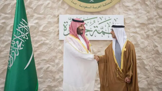 سعودی عرب کے ولی عہد محمد بن سلمان (بائیں) اور متحدہ عرب امارات کے نائب صدر شیخ منصور بن زید النہیان