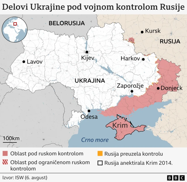 mapa Ukrajine sa teritorijama koje je osvojila Rusija