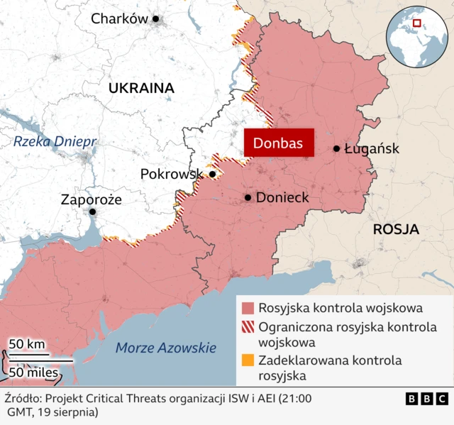 Mapa pokazuje podział obwodu donieckiego na Ukrainie