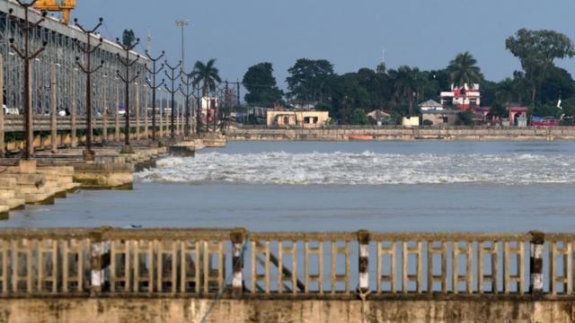 A general view shows Koshi Barrage, a flood control sluice across the Koshi River, Birpur, Sunsari district, some 250 kms from Nepal's capital Kathmandu, on August 16, 2017.